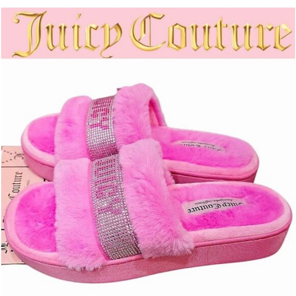 Juicy Couture Hot Pink Crystal Logo Fuzzy Slide Sandals